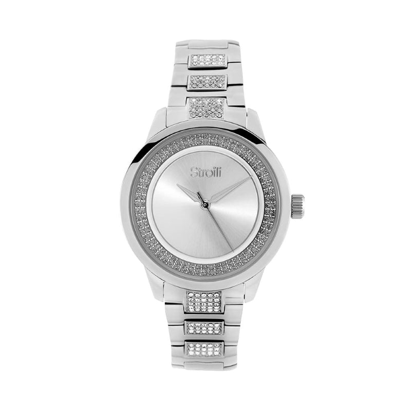 Stroili Silver Dress Watch: women’s dress watch with rhinestone‑set bezel and band on polished bracelet