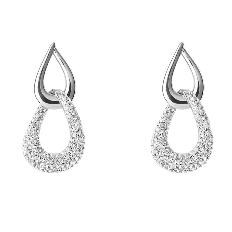 Polished silver drop earrings with cascading clear pavé crystals on white background