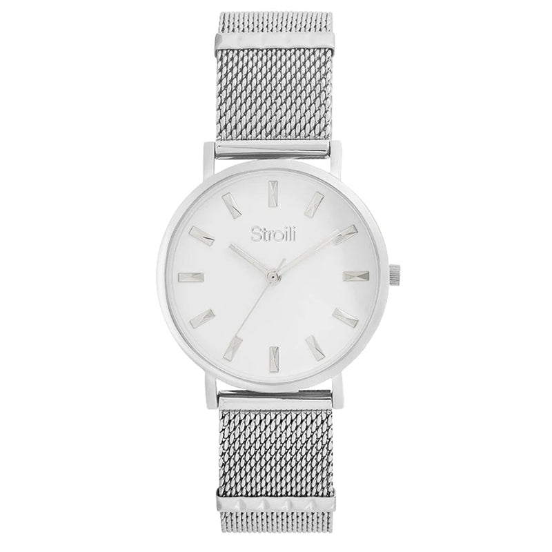 Stroili Silver Metal Watch: wristwatch showing round dial and linked bracelet