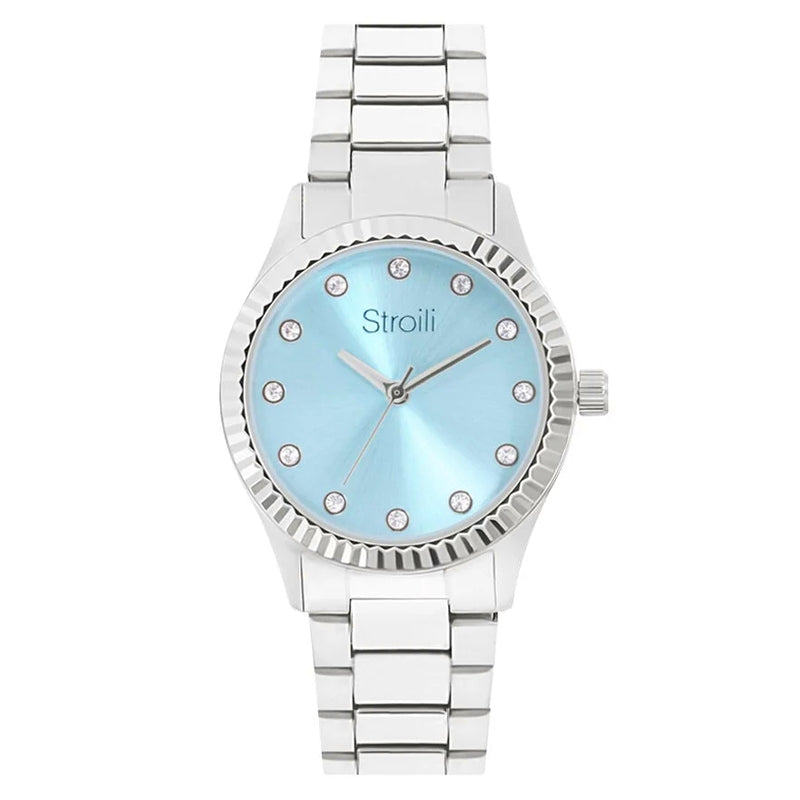 Stroili Silver Metal Wristwatch: wristwatch with light-blue dial and crystal hour markers on bracelet band