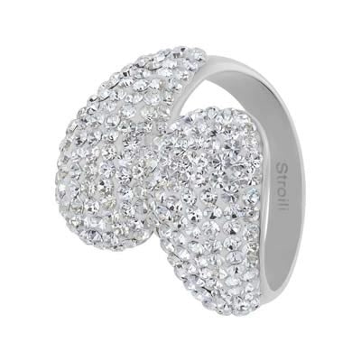 Silver curved wide-band ring covered in pavé clear crystals catching light on neutral background