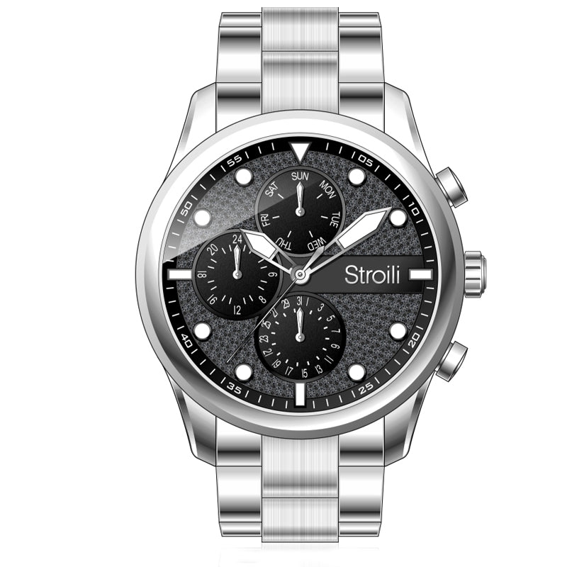 Silver stainless steel chronograph wristwatch with black dial, three subdials, luminous markers, and chronograph buttons