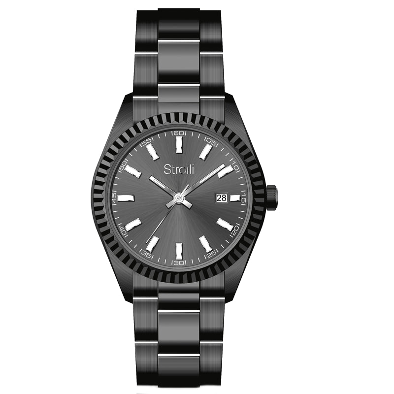 Black-dial stainless steel wristwatch on metal link bracelet showing luminous hands and date