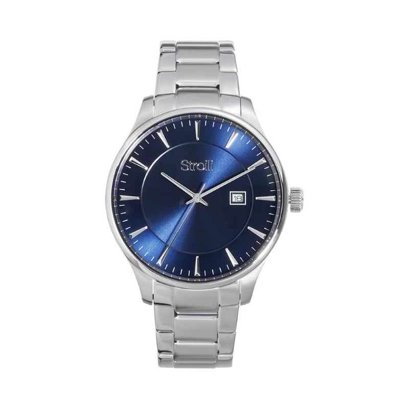 Silver stainless steel wrist watch with blue dial, metal link bracelet, and date window