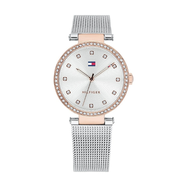 Tommy Hilfiger women’s dress watch with rose gold-tone bezel, silver mesh strap, white dial, crystal accents