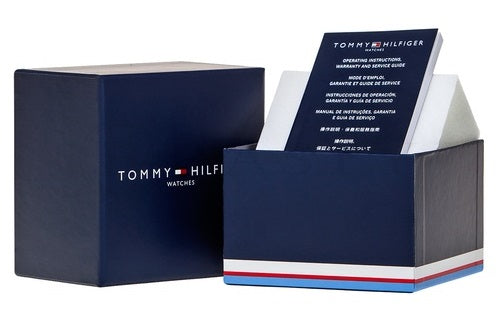 Silver metal wristwatch with dark blue dial, Roman numerals, mesh strap, three subdials, Tommy Hilfiger logo